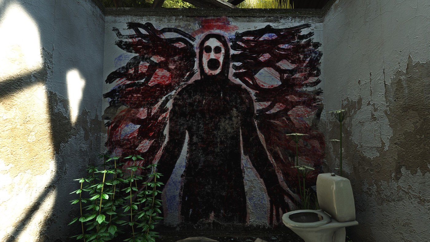A mural in an abandoned building, depicting a dark-bodied, pale-faced cryptid with tendrils.